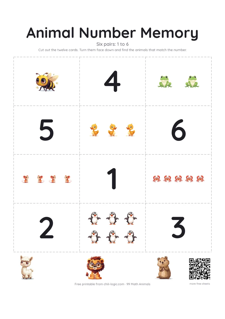 Memory game worksheet: twelve cards to cut out, six showing groups of animals and six showing numbers.