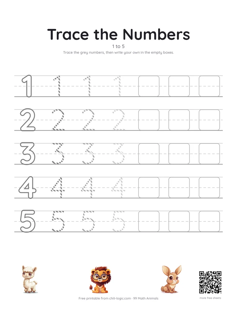 Number tracing worksheet: an outlined model digit, three dashed copies to trace and empty boxes to write in.